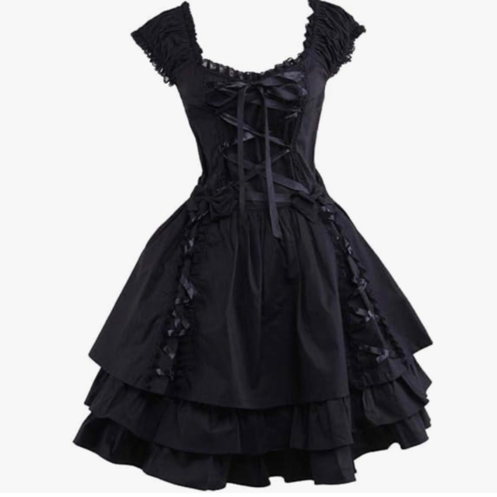 Goth Lolita Black lace up corset frill Dress